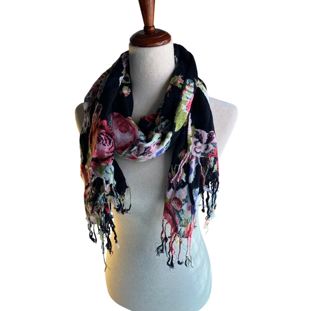 Black Floral Rose Print Fringe Scarf Boho Romantic Wrap